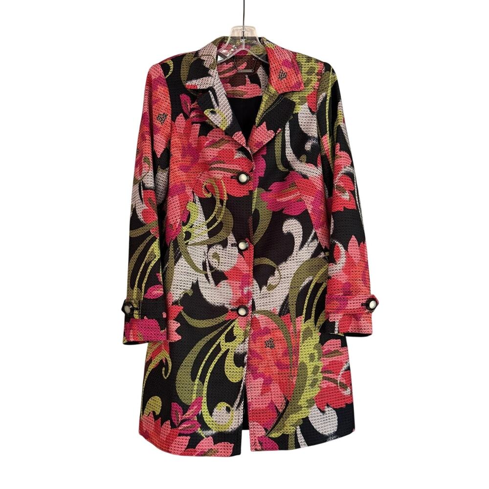 Trina Turk Floral Long Blazer Jacket Pink Black Green Statement Coat M